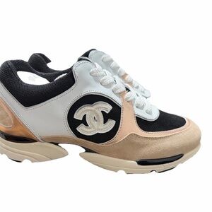 CHANEL Black, White & Beige Logo Lace-Up Sneaker